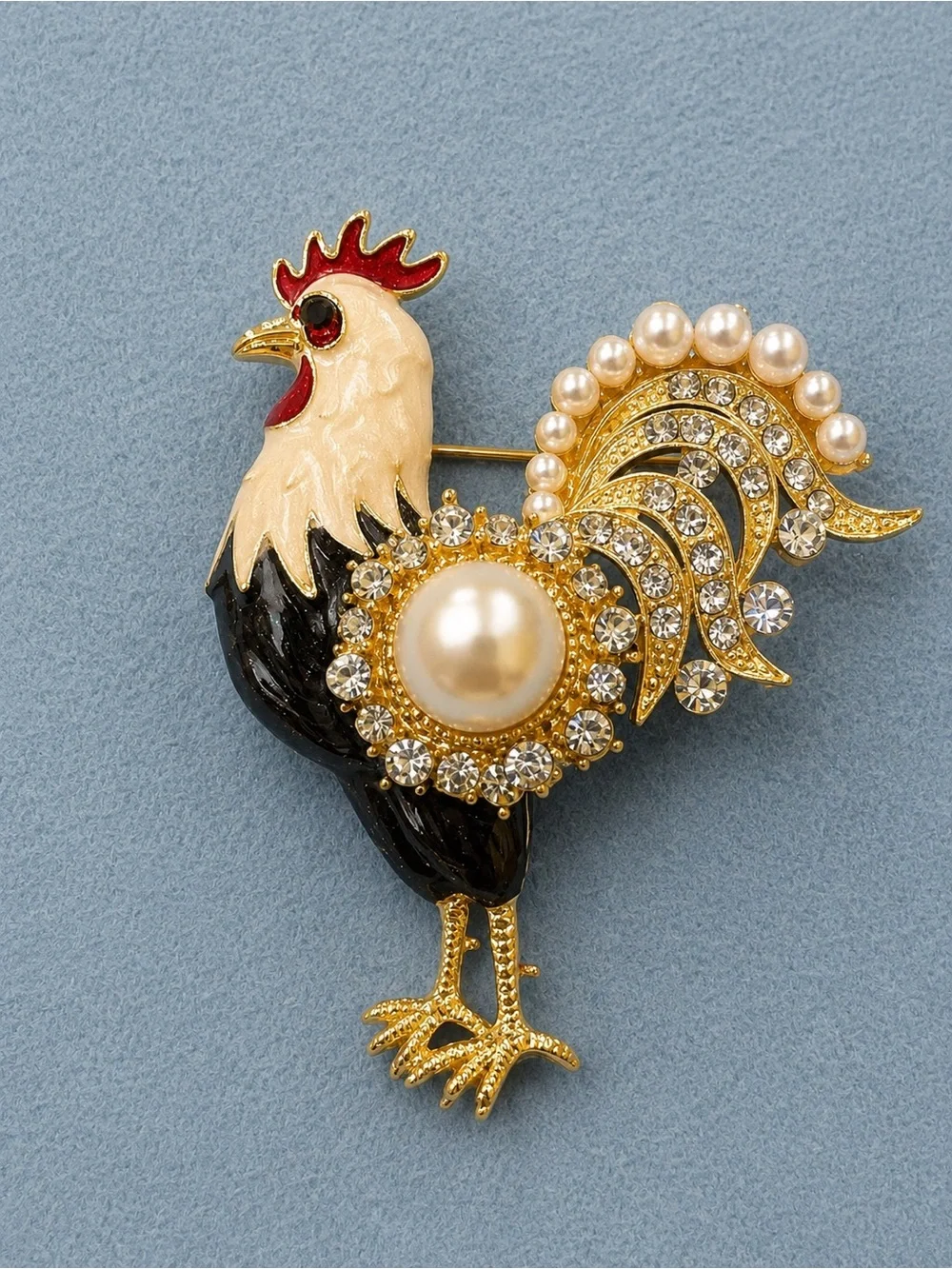 Gold, Black and Cream Rooster Pearl & Crystal Brooch
